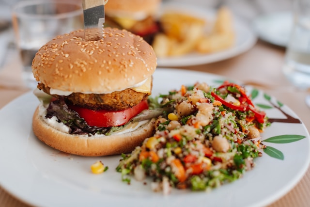 burger with salad